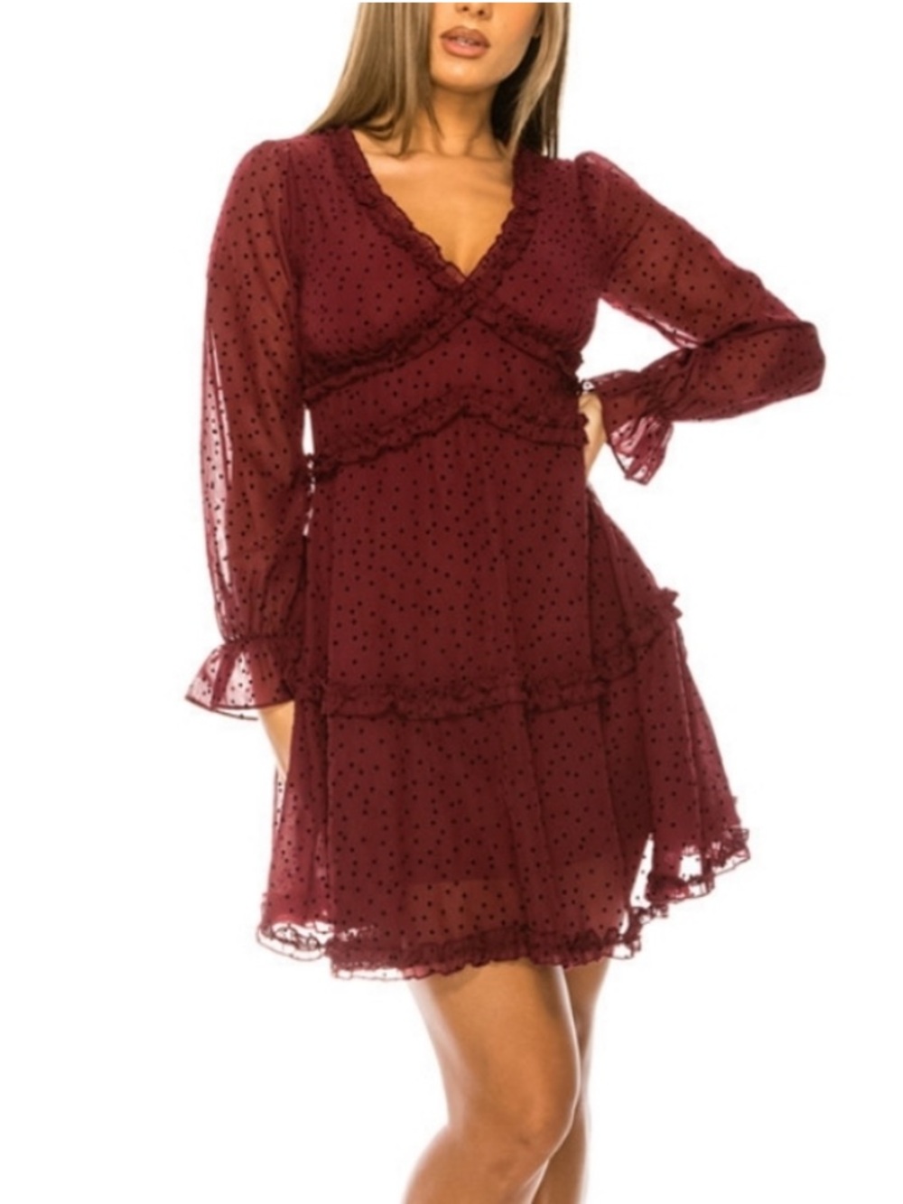 B DARLIN Zippered Lined Long Sleeve V Neck Polka Dot Fit + Flare Mini Dress